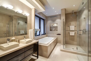 Fototapeta na wymiar Bathroom with well-planned layout and impressive décor. Generative AI