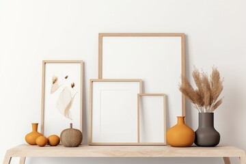 Mockups of wooden photoframes for photo, print, painting, artwork presentation with boho style decorations. Clean, modern, minimalist, and bright gallery wall. Generative AI