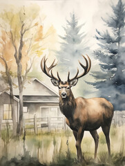 A Minimal Watercolor of an Elk in the Backyard of a Nice House in the Suburbs