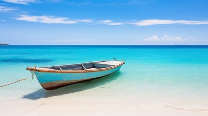 Naklejka na ściany i meble Small boat with beach background