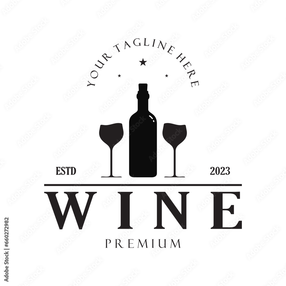 Sticker wine logo with wine glasses and bottles.for night clubs,bars,cafe and wine shops.