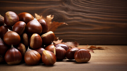 Chestnuts Photo on Wood Background with Ample Copy Space