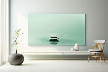 Zen frame mock up, background of a minimalist interior, invoking tranquility and simplicity