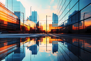 an image of buildings reflecting the sun and sunset - obrazy, fototapety, plakaty