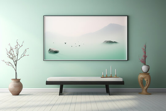 Zen inspired atmosphere of serenity with a frame mock up placed on a minimalist interior background