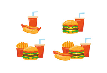 Fast food combo set. Hamburger, hot dog, fries. Vector illustration