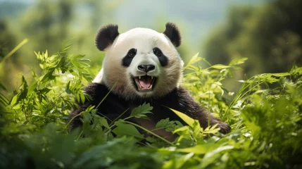 Schilderijen op glas Cheerful panda in China © sirisakboakaew