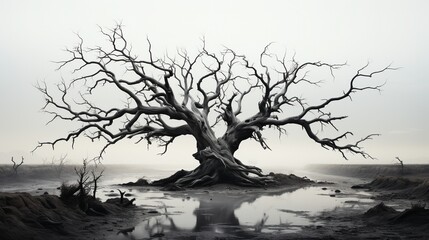 Mangled tree in dried up lake on white background minimalist, AI-generative