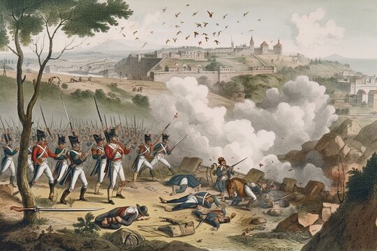 Antique depiction of Battle of Vitoria in Spain on 21st June 1813. Generative AI