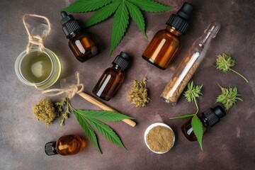 Fototapeta na wymiar Top view still life alternative medicine with cannabis, natural herbal remedies, flowers, essential oils of CBD bottle. Homeopathic ingredient and natural medicines on. Generative AI