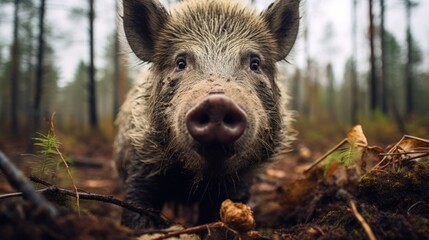 Close - up portrait of a wild boar in a clearing in the forest - obrazy, fototapety, plakaty