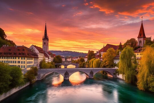 Stunning cityscape of Bern with vibrant sunset, ancient town, picturesque bridge, and church tower overlooking Aare river in Switzerland. Generative AI
