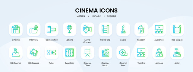 Cinema icon collection with blue and green gradient outline style. set, cinema, movie, entertainment, symbol, camera, collection. Vector Illustration