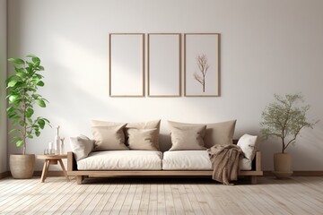 Canapé moderne dans une pièce neutre, dans un style de mise en scène minimaliste, multicolore,...