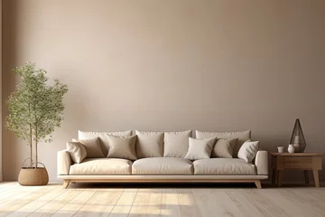 Tuinposter Canapé moderne dans une pièce neutre, dans un style de mise en scène minimaliste, multicolore, cottagecore, palettes de couleurs multiples, maquette. IA générative, IA © Merilno