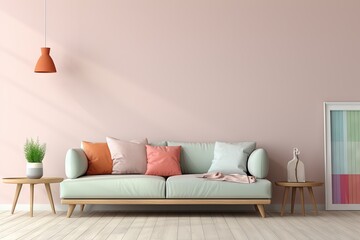Canapé moderne dans une pièce neutre, dans un style de mise en scène minimaliste, multicolore, cottagecore, palettes de couleurs multiples, maquette. IA générative, IA - obrazy, fototapety, plakaty