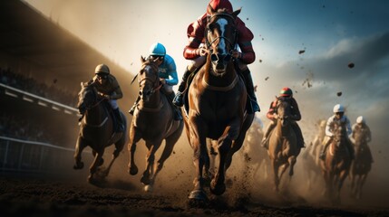Horse racing, horses and jockeys battling for first position on the race track