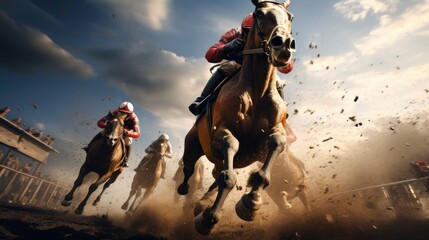 Horse racing, horses and jockeys battling for first position on the race track - obrazy, fototapety, plakaty