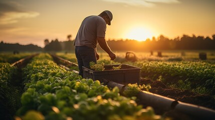 Man in a rural field with a vegetable box at sunset represents country life food production - obrazy, fototapety, plakaty