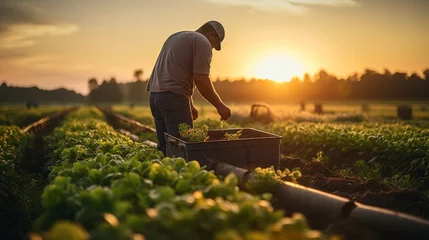 Tuinposter Man in a rural field with a vegetable box at sunset represents country life food production © sirisakboakaew