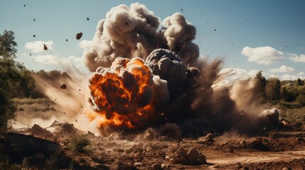 Military training ground experiences explosion resulting in destruction from aerial bombs - obrazy, fototapety, plakaty