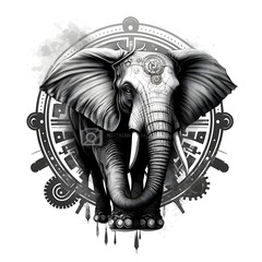 elephant logo black and white steampunk white background 