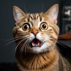 fluffy domestic cat with wide eyes and an open mouth is surprised, emotional portrait of an animal, shocked look, meowing, screaming, facial expression, home pet, feline, whiskers, fur