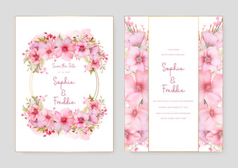 Pink sakura beautiful wedding invitation card template set with flowers and floral