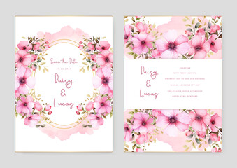 Pink sakura artistic wedding invitation card template set with flower decorations