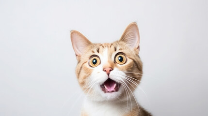 fluffy domestic cat with wide eyes and an open mouth is surprised, emotional portrait of an animal, shocked look, meowing, screaming, facial expression, home pet, feline, whiskers, fur