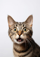 fluffy domestic cat with wide eyes and an open mouth is surprised, emotional portrait of an animal, shocked look, meowing, screaming, facial expression, home pet, feline, whiskers, fur