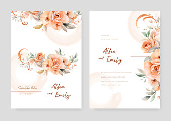 Peach rose luxury wedding invitation with golden line art flower and botanical leaves, shapes, watercolor