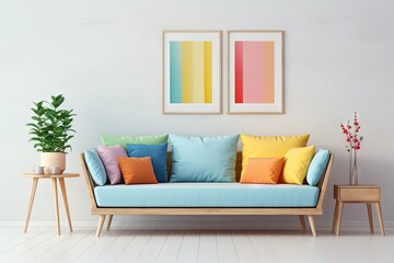 Fototapeta premium Canapé moderne dans une pièce neutre, dans un style de mise en scène minimaliste, multicolore, cottagecore, palettes de couleurs multiples, maquette, rendu 3d, design d'intérieur, inspiration. IA géné