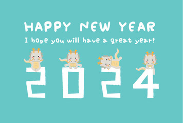 背景水色　2024と白い辰　Happy New Year 白竜　メッセージ