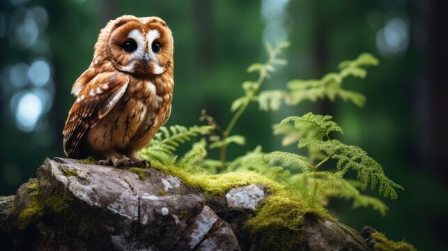 Tawny owl perched on stone in forest Clear green backdrop