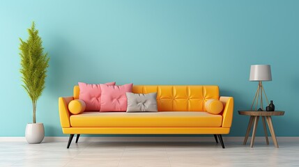 Canapé moderne dans une pièce neutre, dans un style de mise en scène minimaliste, multicolore, cottagecore, palettes de couleurs multiples, maquette, rendu 3d, design d'intérieur, inspiration. IA géné - obrazy, fototapety, plakaty