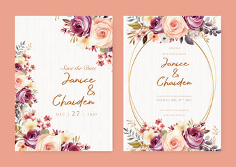 Peach and purple violet rose beautiful wedding invitation card template set with flowers and floral