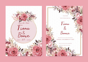 Pink and beige rose and poppy floral wedding invitation card template set with flowers frame decoration