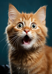 fluffy domestic cat with wide eyes and an open mouth is surprised, emotional portrait of an animal, shocked look, meowing, screaming, facial expression, home pet, feline, whiskers, fur