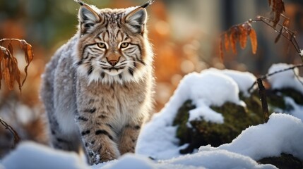 Fototapeta na wymiar Winter lynx Young Eurasian lynx Lynx lynx walking in snowy beech forest