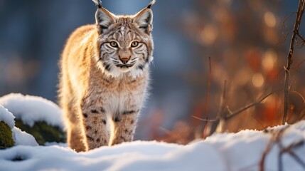 Winter lynx Young Eurasian lynx Lynx lynx walking in snowy beech forest