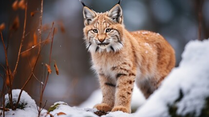 Naklejka na ściany i meble Winter lynx Young Eurasian lynx Lynx lynx walking in snowy beech forest