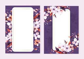 Red white and purple violet sakura elegant wedding invitation card template with watercolor floral and leaves