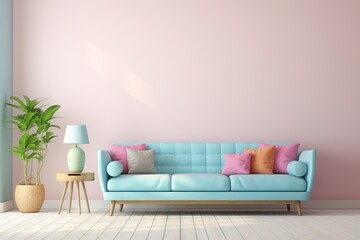Canapé moderne dans une pièce neutre, dans un style de mise en scène minimaliste, multicolore, cottagecore, palettes de couleurs multiples, maquette, rendu 3d, design d'intérieur, inspiration mobilier - obrazy, fototapety, plakaty