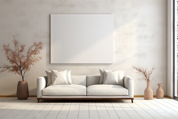 Canapé moderne dans une pièce neutre, dans un style de mise en scène minimaliste, multicolore, cottagecore, palettes de couleurs multiples, maquette, rendu 3d, design d'intérieur, inspiration mobilier