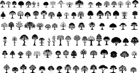 set of tree graphic resource, silhouette, isolated, transparent background, graphics trees elements outline symbol for architecture and landscape design drawing. Vector illustration in high detail, - obrazy, fototapety, plakaty