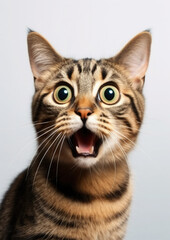 Obraz premium fluffy domestic cat with wide eyes and an open mouth is surprised, emotional portrait of an animal, shocked look, meowing, screaming, facial expression, home pet, feline, whiskers, fur
