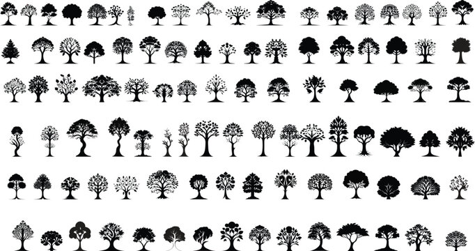 set of tree graphic resource, silhouette, isolated, transparent background, graphics trees elements outline symbol for architecture and landscape design drawing. Vector illustration in high detail,