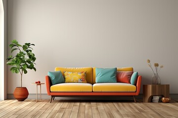 Canapé moderne dans une pièce neutre, dans un style de mise en scène minimaliste, multicolore, cottagecore, palettes de couleurs multiples, maquette, design d'intérieur. IA générative, IA - obrazy, fototapety, plakaty