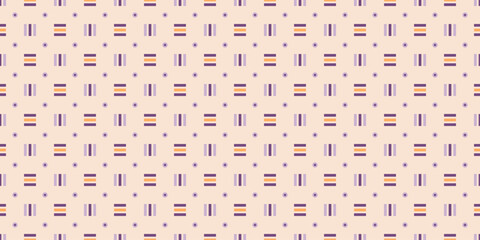 Geometric background with squares and rectangular shapes. Simple seamless pattern with aligned forms. Vector illustrations in vintage style. Beige, light purple, yellow colors.Grid-structured elements